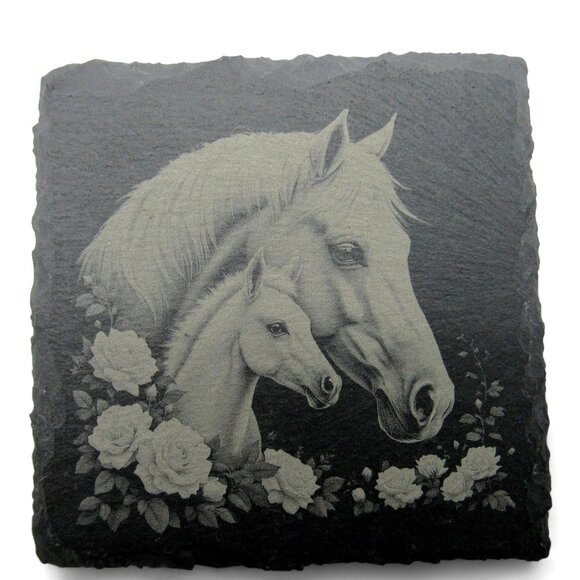 COASTERS HORSE and Floral Gray Engraved Square Slate Set of 4 - Picture 1 of 6